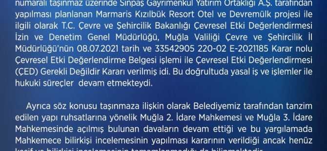 Marmaris Belediyesi Başkanlığı Sinpaş inşaatı hakkında açıklama yaptı